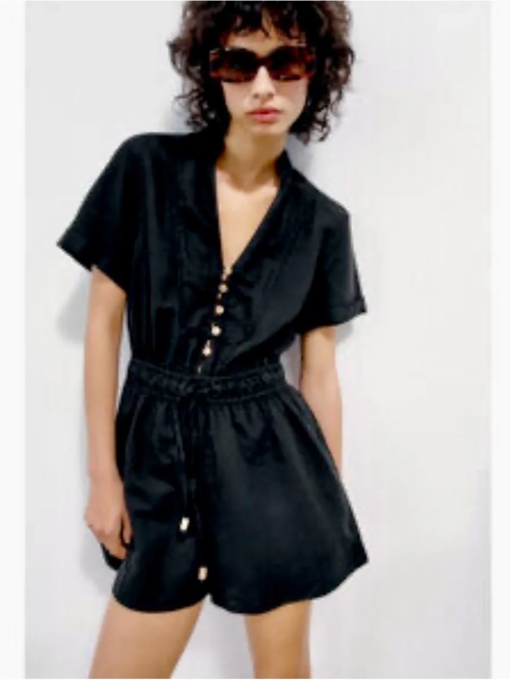 Zara linen blend black Romper with Drawstring Waist Size S